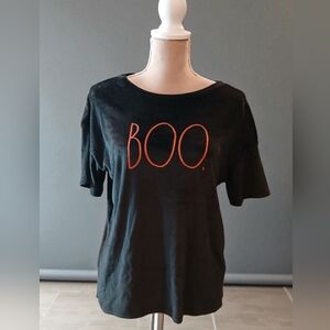Rae Dunn Velvet BOO Tshirt Womans Small  Halloween Black Oversized Cozy Soft